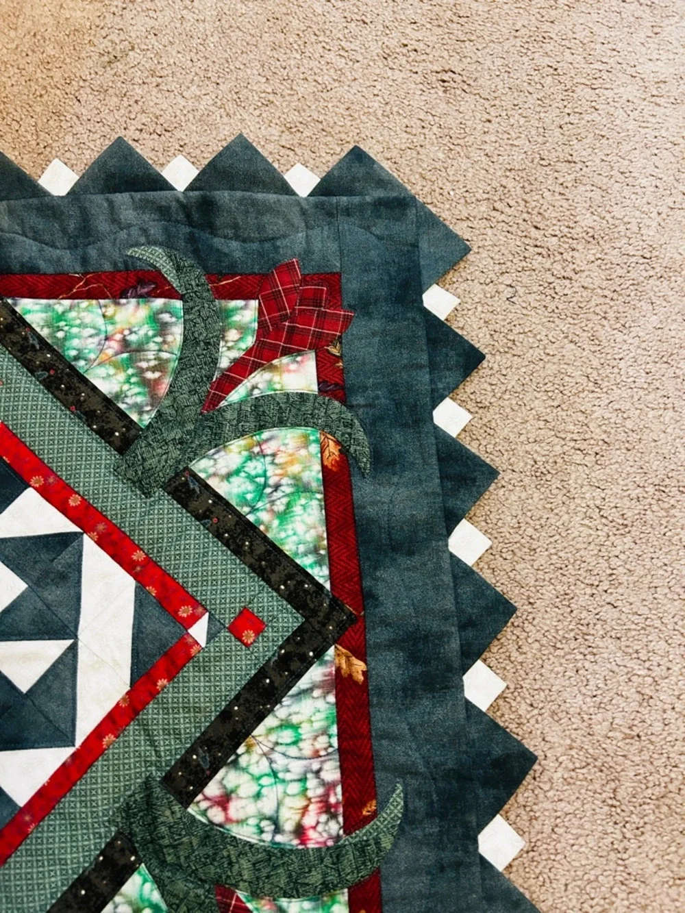 Spinning Crocus Handmade Green and Red Quilted Decorative Wall Hanging 25” SQ.
